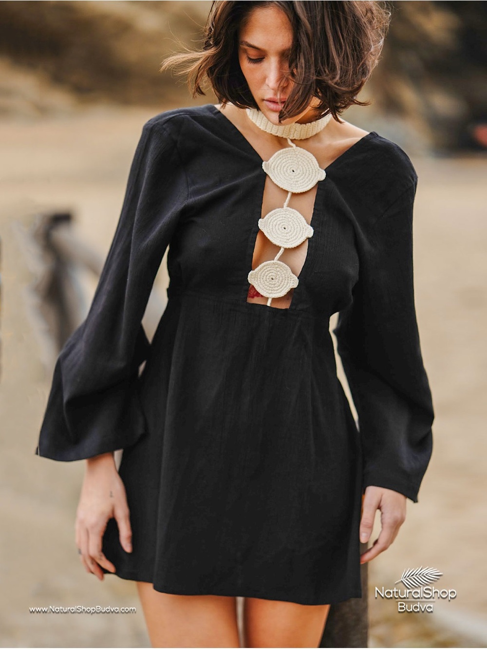 Natural Shop Budva Handmade Black Cotton Crochet Cutout Mini Dress
